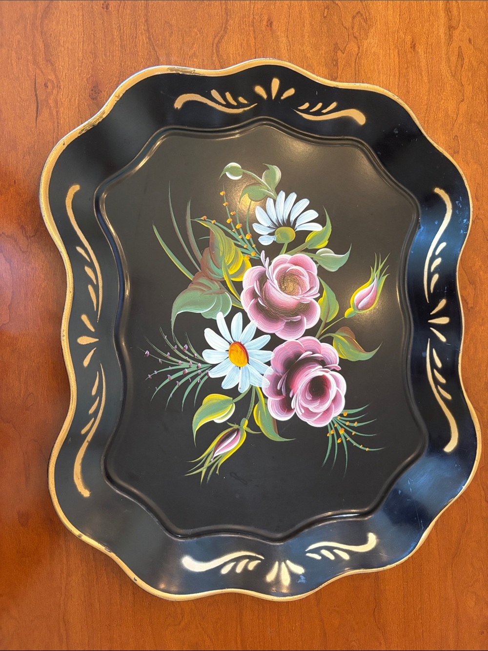 Hand-Painted Black Floral Decorative Tray